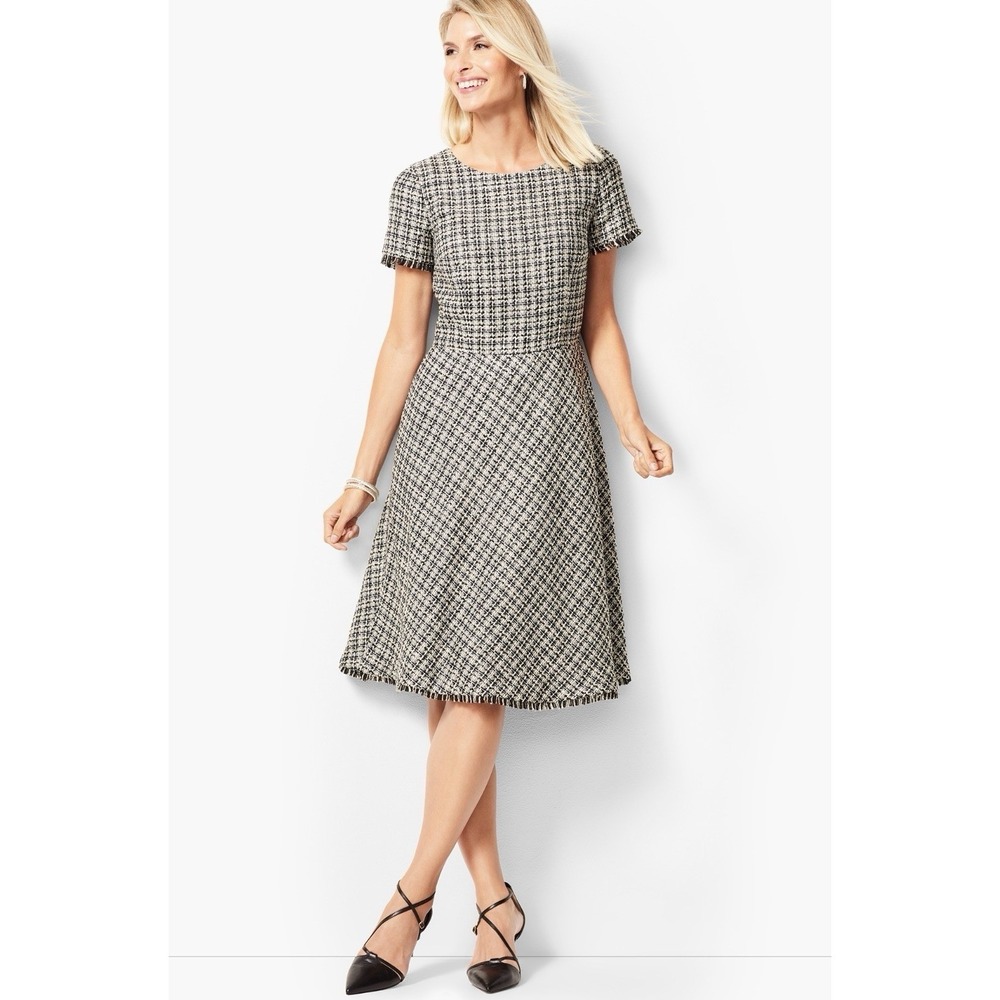 Talbots Women's Black & White Tweed Fit & Flare Dress Short Sleeve Fringe Size 2